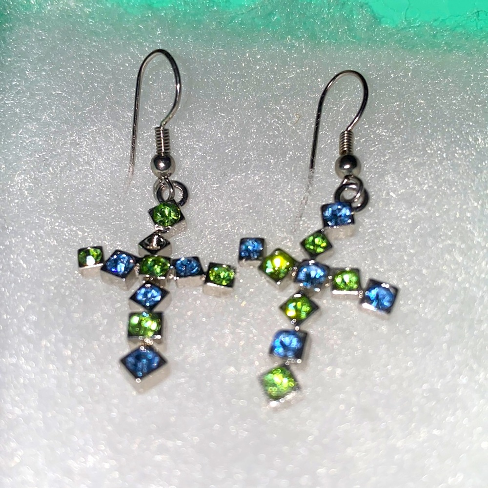 Blue and Green Crystal cross sterling silver earrings